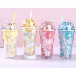 VASO PLASTICO FLORES C/SORBETE V/COL 450ML JL450372