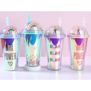 VASO PLASTICO ARCOIRIS C/SORBETE V/DISEÑOS 450ML JL450378