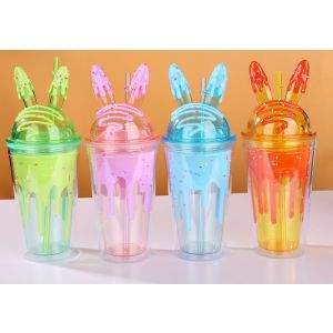 VASO PLASTICO CONEJO C/SORBETE V/COL 450ML DY-270002-1
